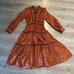 American Vintage Orange Ruffled Tiered Sundress with Mandarin Collar